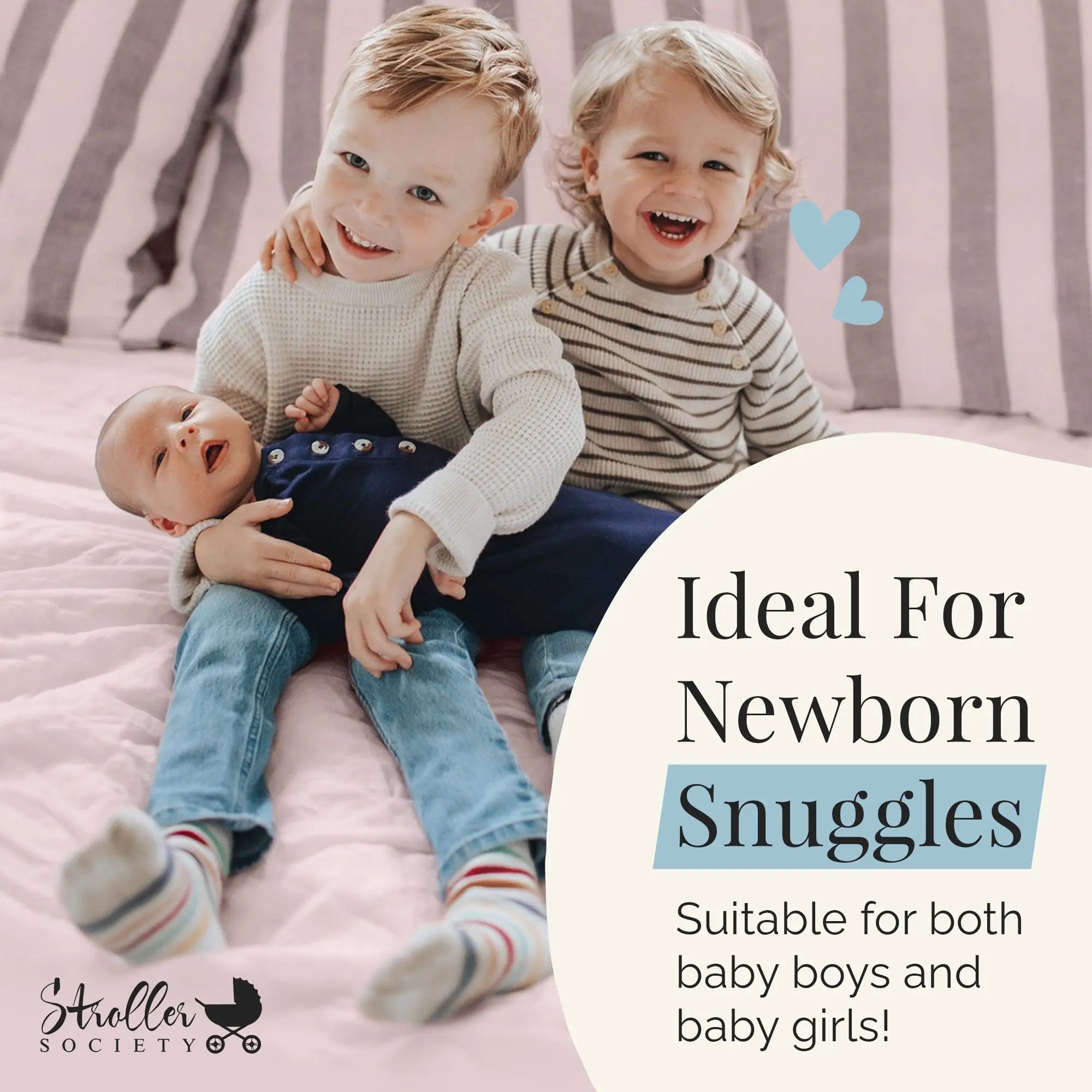 siblings holding baby brother in navy blue newborn knotted gown with newborn baby hat soft newborn baby gown, newborn take home outfit