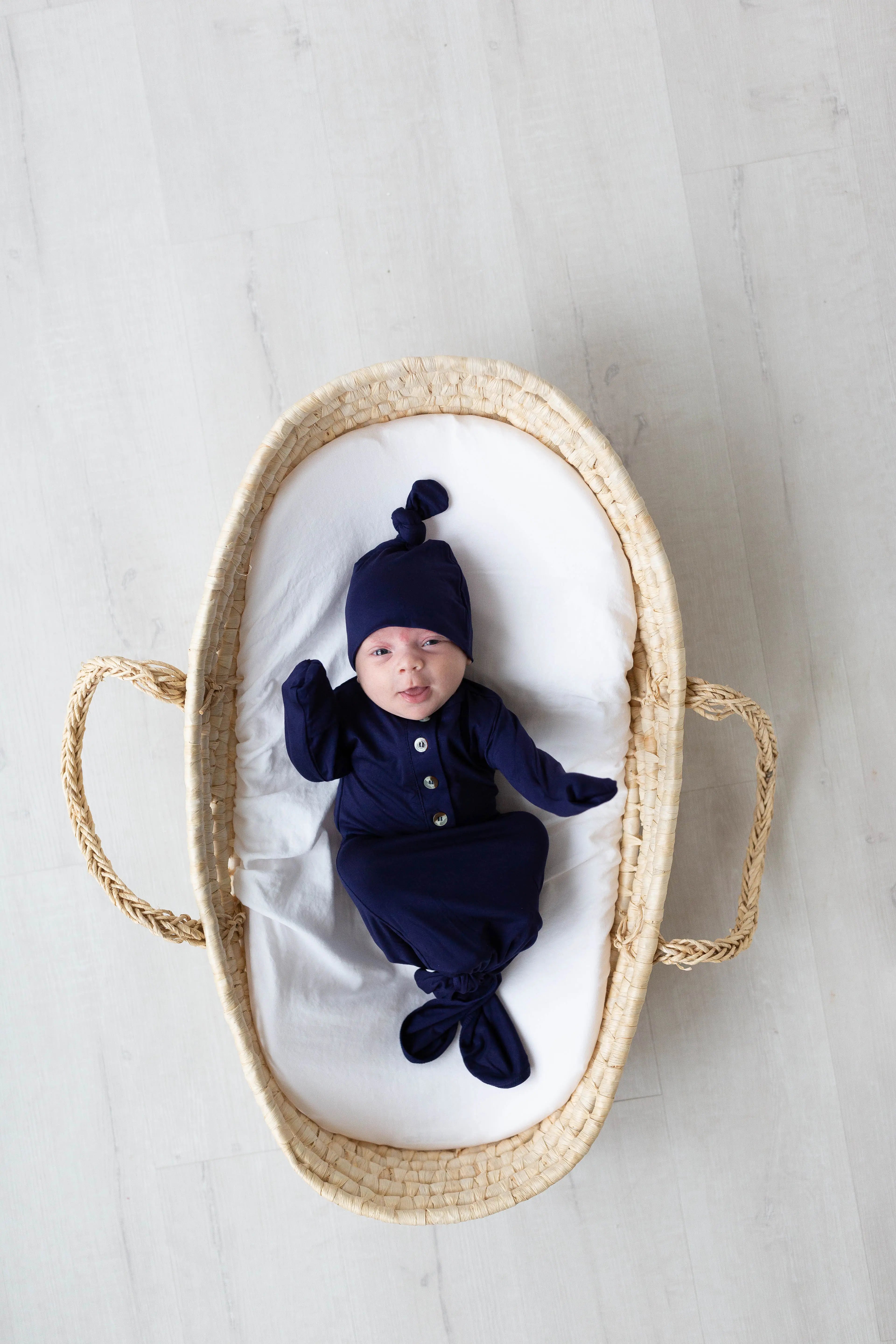newborn knotted gown navy blue, newborn infant gowns, cute baby boy clothes