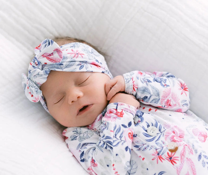Stroller Society Knotted Baby Gown and Hat Set with Headband - Bloom (Newborn-3 months) - Stroller Society