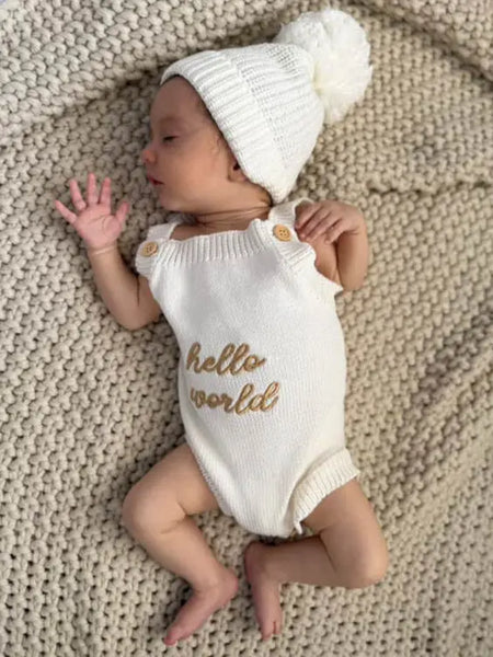 Newborn Knit Romper Set – Hello World, LITTLE SISTER and LITTLE BROTHER  Embroidered Baby Outfit with Hat Booties or Headband Soft Coming Home 