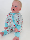 SoftSnooze™ Baby Bamboo Viscose Blue Dear Santa Convertible One Piece Footie Pajama RuffleButts + RuggedButts