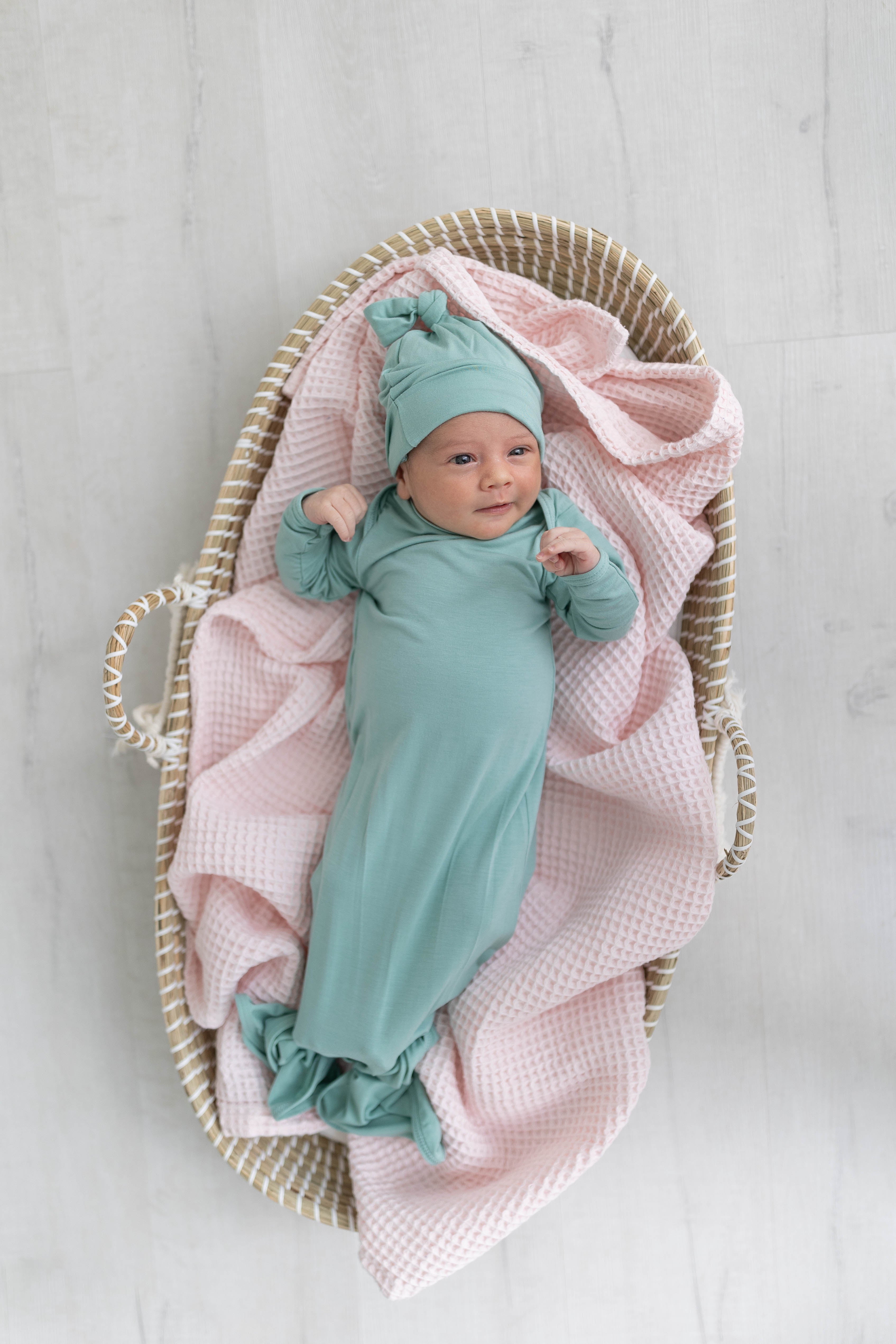 Newborn Knotted Baby Gown and Hat Set - Crew  - (Newborn-3 months) Mint, Navy Blue, Pink, Camel Brown