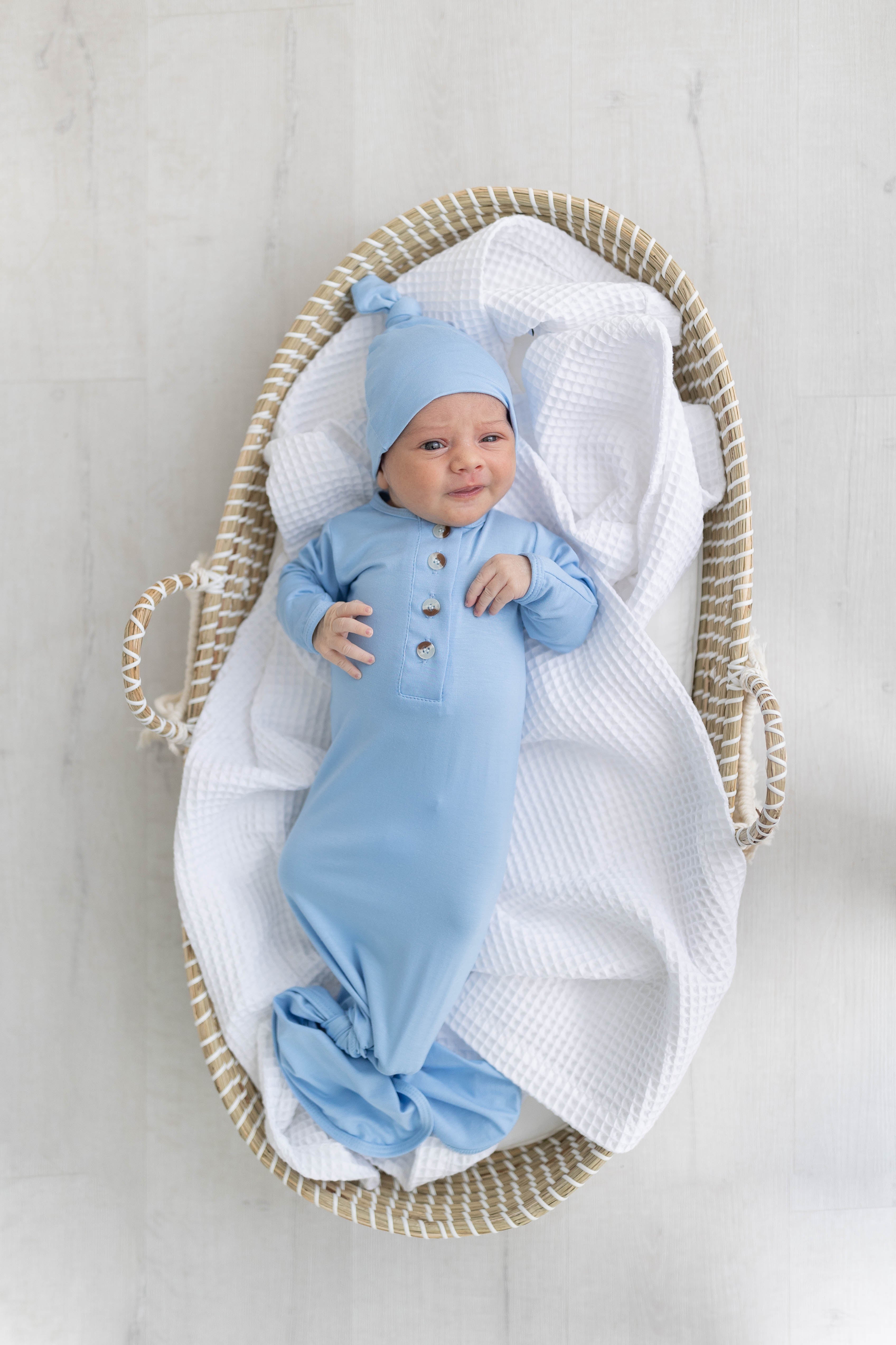 Knotted Baby Gown & Hat Set - Baby Blue (Newborn-3 months)