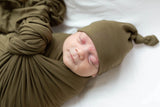 Army Green Baby Swaddle Set - Adjustable Knotted Baby Hat
