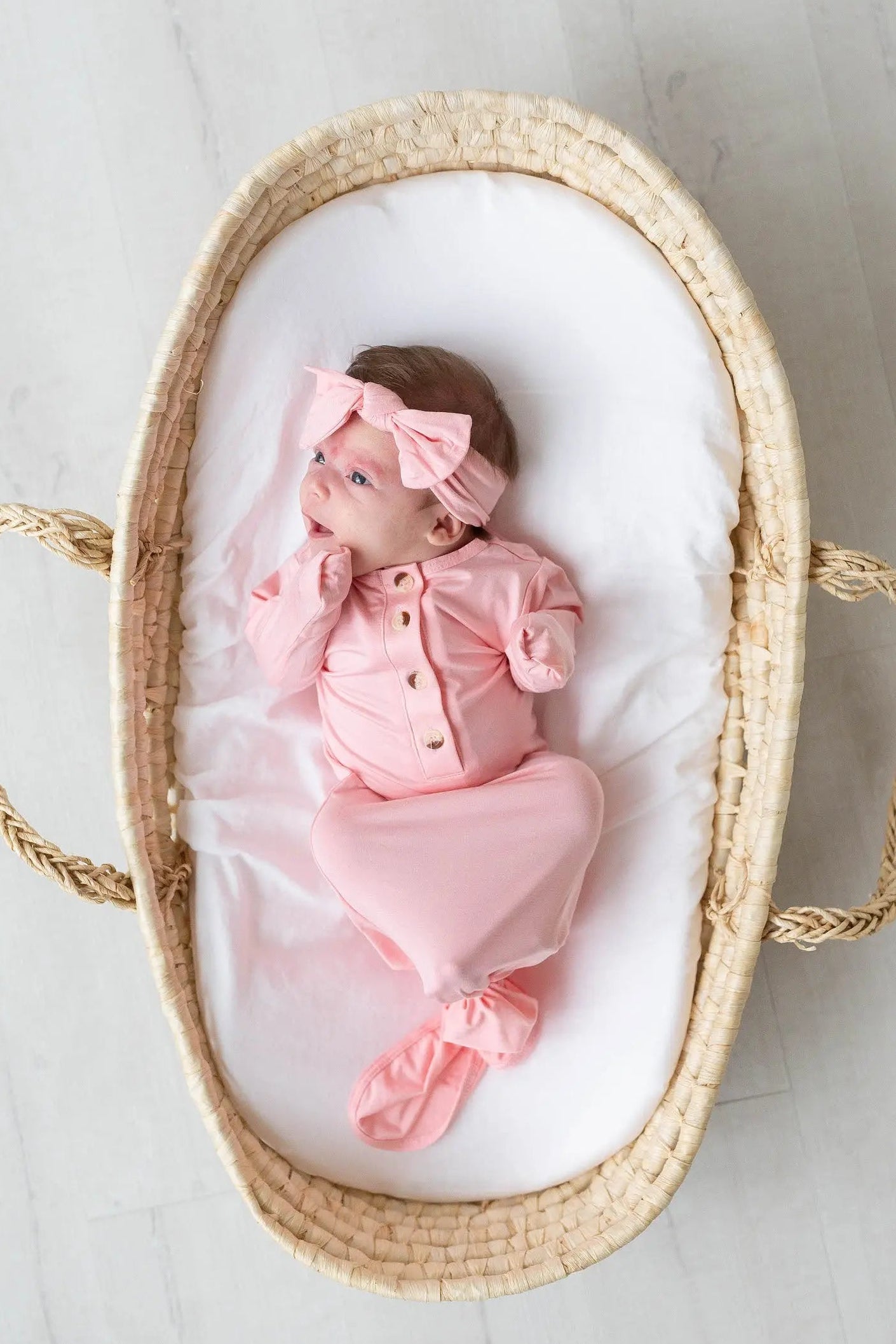 Newborn Knotted Baby Gown and Hat Set with Headband - Pink Newborn Knotted Baby Gown and Hat Set with Headband - Pink